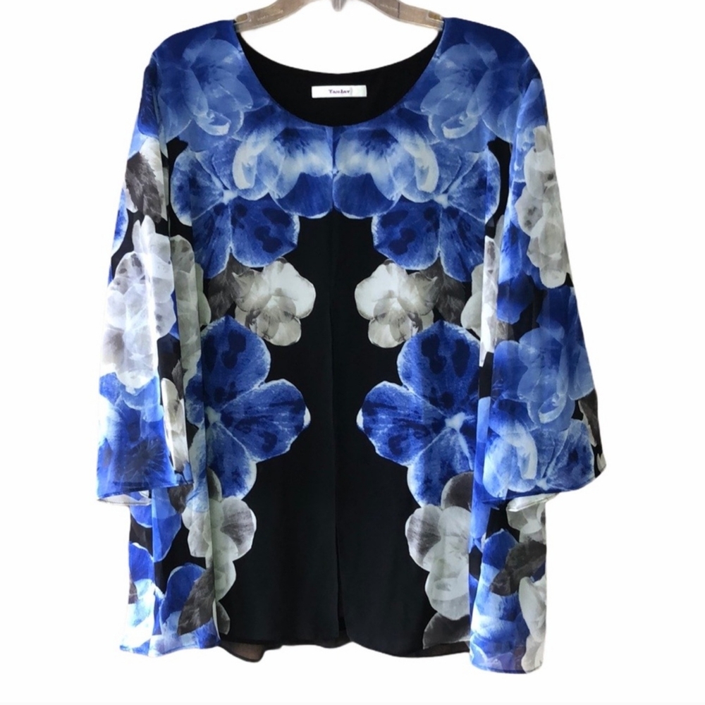 TanJay Blue Floral Blouse with Long Sleeves